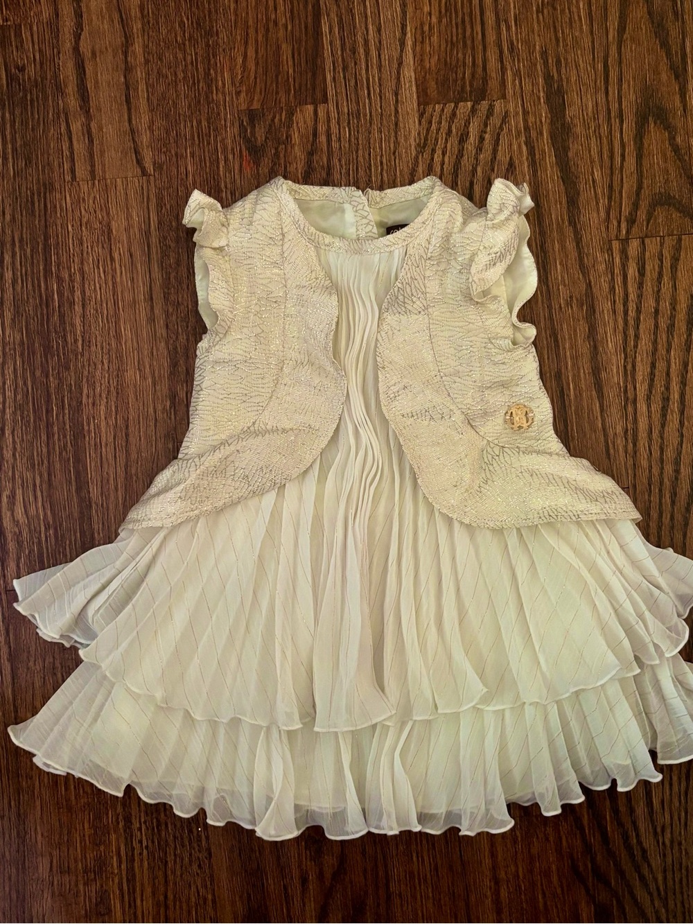 Roberto Cavalli Baby Girls Ivory & Gold Pleated Tiered Dress - Size 12M